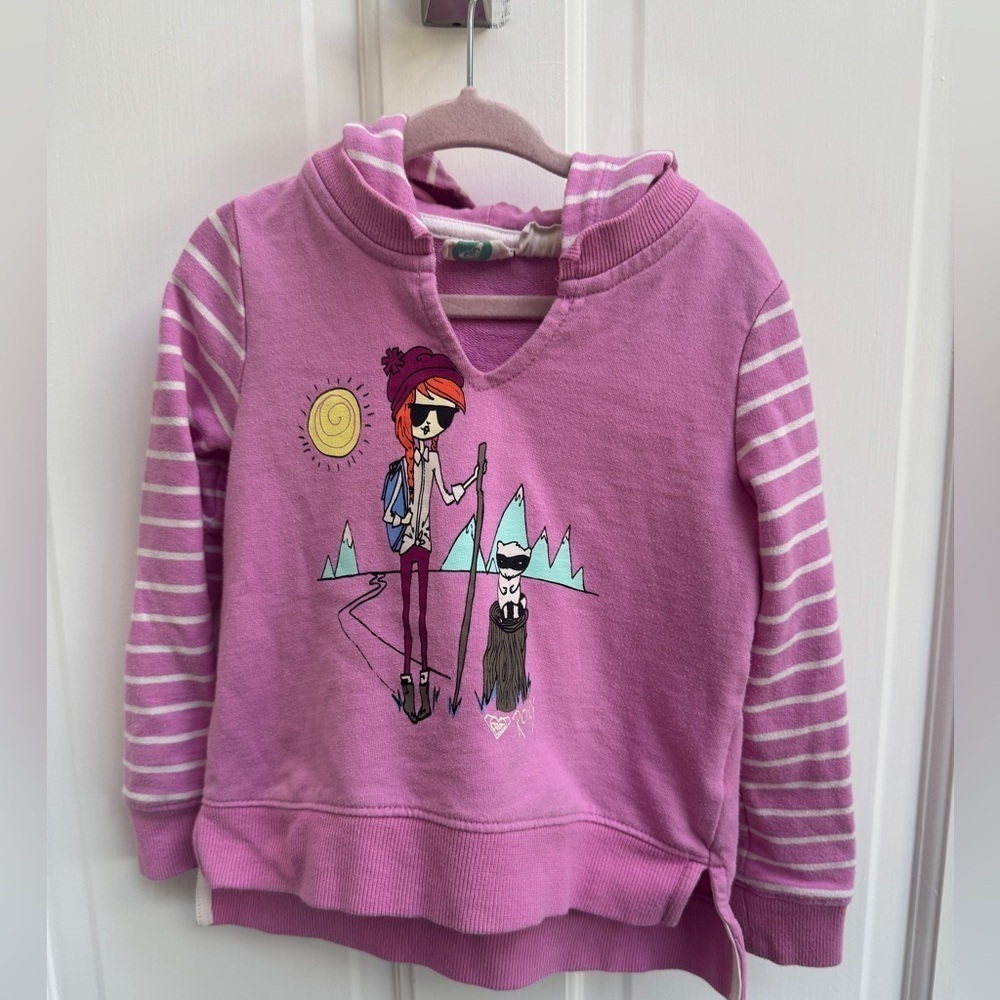 Roxy 3T Girls Pink/Purple White Striped Graphic Hiker Camping Hoodie Sweatshirt